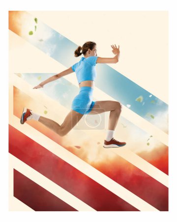 Photo for Competitive young girl, professional athlete in motion, doing long jump. Creative collage. Concept of competition, athletics, professional sport, win, sport event. Poster, ad - Royalty Free Image