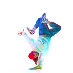 Flexible yo9ung man in sport clothes dancing hip hop, breakdance isolated over white studio background in neon light. Concept of contemporary dance, street style, fashion, hobby, youth. Ad