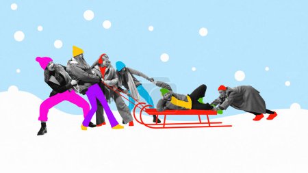Photo for Friends, young people having fun outdoors, sliding sleds, playing on cozy winter day. Contemporary artwork. Concept of winter holidays, Christmas and New Year, vacation. Creative design. Poster. Ad - Royalty Free Image