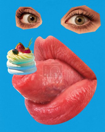 Téléchargez les photos : Femme mangeant un délicieux dessert, meringue avec des baies fraîches sur fond bleu. Bouche et yeux géants. Oeuvres contemporaines. Concept de nourriture, goût, surréalisme, créativité. Style pop art. Affiche, annonce - en image libre de droit