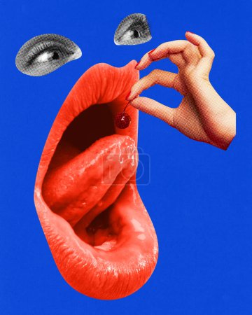 Photo for Wide open giant female mouth eating cherry over blue background. Contemporary art collage. Concept of food, taste, surrealism, creativity. Pop art style. Poster, ad - Royalty Free Image