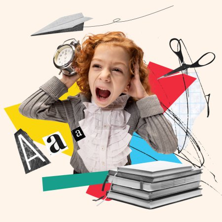 Photo for Time to school. Little girl, child shouting with alarm clock. Sitting with books, doing tasks, homework. Contemporary art collage. Concept of education, back to school, childhood. Creative design - Royalty Free Image