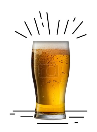 Photo for Glass with foamy, lager, cool beer with bubbles isolated over white background. Creative design with doodles. Organic drink. Concept of beer, brewery, Oktoberfest, taste, drink, creativity. - Royalty Free Image