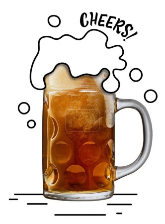Photo for Glass mug with lager foamy cool beer isolated on white background. Traditional taste. Creative design with doodles. Concept of beer, brewery, Oktoberfest, taste, drink, creativity. - Royalty Free Image