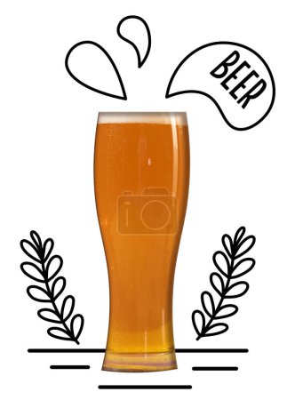 Photo for Glass with lager foamy cool beer isolated on white background. Traditional taste. Creative design with doodles. Concept of beer, brewery, Oktoberfest, taste, drink, creativity. - Royalty Free Image