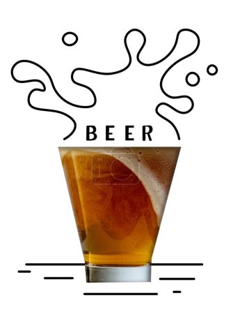 Photo for Refreshment. Glass with foamy, lager, cool beer with bubbles isolated over white background. Creative design with doodles. Concept of beer, brewery, Oktoberfest, taste, drink, creativity. - Royalty Free Image