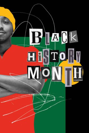 Photo for African-American young man against black background with colorful elements. Contemporary artwork. Concept of Black History Month, human, right, freedom and acceptance, history. Poster - Royalty Free Image