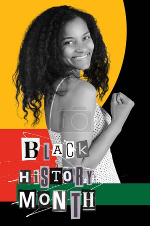 Photo for Happy young African-American girl against colorful background. Social issues. Contemporary artwork. Concept of Black History Month, human, right, freedom and acceptance, history. Poster - Royalty Free Image