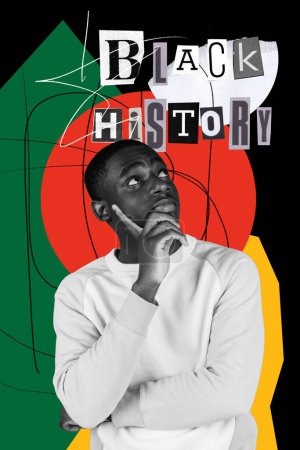 Photo for Young African-American man with thoughtful face over black background with colorful elements. Contemporary artwork. Concept of Black History Month, human, right, freedom, acceptance, history. Poster - Royalty Free Image
