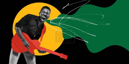 Téléchargez les photos : Un Afro-Américain émotionnel qui paye la guitare. Célébration de l'égalité raciale. Oeuvres contemporaines. Concept du Mois de l'histoire des Noirs, humain, droit, liberté et acceptation, histoire. Affiche - en image libre de droit