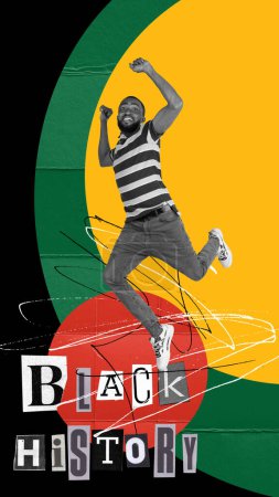 Photo for Young African-American man cheerfully jumping, feeling happy about social equality. No racism. Contemporary artwork. Concept of Black History Month, human, right, freedom, acceptance, history. Poster - Royalty Free Image