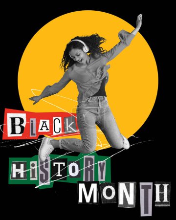 Photo for Happy young African-American woman cheerfully jumping. No racism. Contemporary artwork. Concept of Black History Month, human, right, freedom and acceptance, history. Poster - Royalty Free Image
