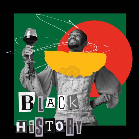 Photo for African-American young man, royal person celebrating with glass of red wine. Race equality. Contemporary artwork. Concept of Black History Month, human, right, freedom and acceptance, history. Poster - Royalty Free Image