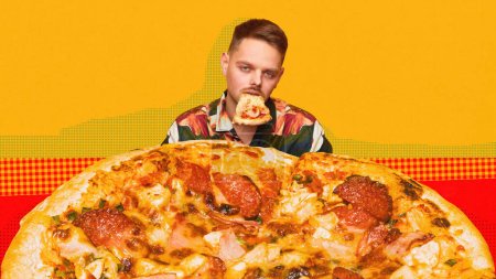 Photo for Young man tasting, eating delicious Italian pizza against yellow background. Yummy dinner. Contemporary art collage. Concept of Italian culture, cuisine, food, pop art style. Poster for ad - Royalty Free Image