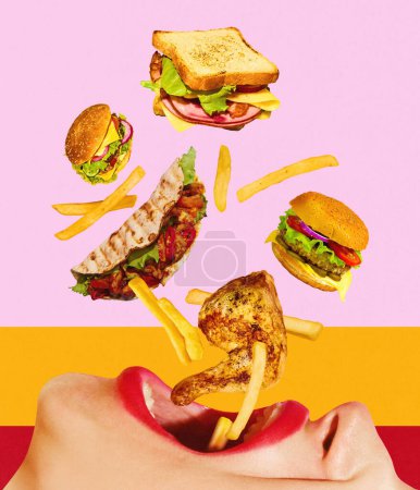 Photo for Giant female mouth tasting junk food. Burger, sandwich, burrito and fries falling into open mouth. Contemporary art. Concept of fast food, menu, unhealthy eating, delicious, pop art Poster for ad - Royalty Free Image