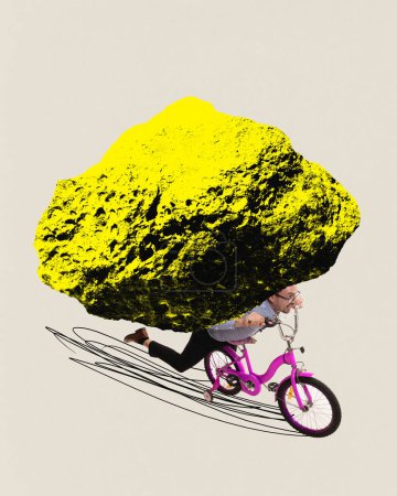 Photo for Emotional motivated businessman on bicycle moving forward to success under giant stone. Contemporary art collage. Concept of business, office, challenges and professional troubles, surrealism. - Royalty Free Image