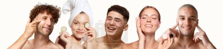 Foto de Jóvenes, hombres y mujeres de diferentes edades y tipos de piel cuidando después de la cara, utilizando productos de belleza para hidratación y nutrición. Concepto de cuidado de la piel, belleza natural, cosmetología, cosmética - Imagen libre de derechos