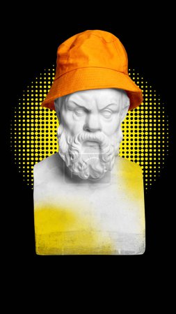 Foto de Cara seria. Busto de estatua antigua en panama naranja sobre fondo negro con elemento abstracto amarillo. collage de arte contemporáneo. Concepto de creatividad, arte antiguo, imaginación e inspiración - Imagen libre de derechos
