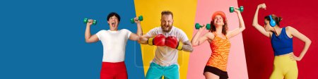 Photo for Young emotional people, men and women in sportswear training against multicolored background. Happiness and energy. Concept of sport, fitness, active and healthy lifestyle, emotions, youth - Royalty Free Image
