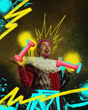 Photo for Emotional man, medieval royal person in vintage suit training, doing exercises with dumbbells over dark background with abstract doodles. Contemporary art. Concept of sport, eras comparison, retro - Royalty Free Image