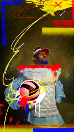 Photo for African young man, medieval royal person in cap, playing beach volleyball on dark background with abstract doodles. Contemporary art collage. Concept of sport, eras comparison, retro style, creativity - Royalty Free Image