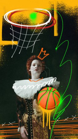 Téléchargez les photos : Reine médiévale, personne royale en robe vintage debout avec ballon de basket sur fond sombre avec des gribouillis colorés. Collage d'art contemporain. Concept de sport, comparaison des époques, rétro, créativité. - en image libre de droit