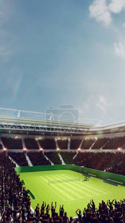 Photo for Aerial view of empty tennis court, open air stadium with flashlights, sport fans on tribune. Daytime game. Concept of sport, competition, game, activity, championship, match. 3D render - Royalty Free Image