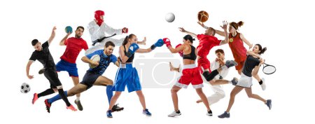 Collage. Verschiedene Menschen in Bewegung, Sportler verschiedener Sportarten isoliert vor weißem Hintergrund. Gewinner. Konzept des Sports, des Wettbewerbs, der Leistungen, des Ereignisses, des Spiels. Banner