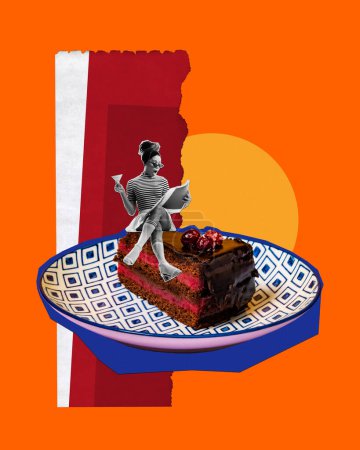 Photo for Elegant young woman sitting on delicious chocolate cake and reading newspaper against colorful background. Contemporary art collage. Concept of food, creativity, imagination, surrealism, pop art style - Royalty Free Image