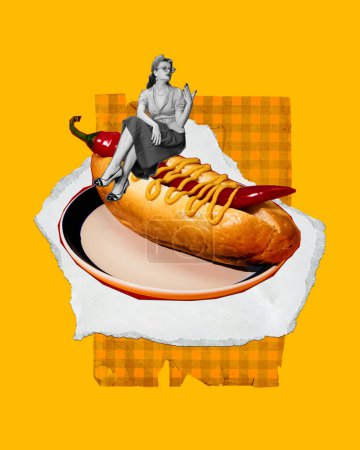 Téléchargez les photos : Élégante jeune femme assise sur un hot dog épicé avec du piment rouge sur fond jaune. Collage d'art contemporain. Concept de nourriture, créativité, imagination, surréalisme, style pop art - en image libre de droit