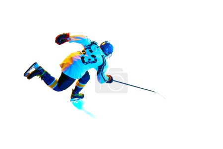 Photo for Top view image of young girl, hockey player in motion during game, training, playing against white background in neon light. Concept of professional sport, competition, game, action, hobby - Royalty Free Image