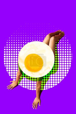 Photo for Young woman in swimsuit, with slim tanned body, sunbathing over purple background. hat in image of egg. Contemporary art collage. Concept of creativity, summer vibe, travel, surrealism, abstract art - Royalty Free Image