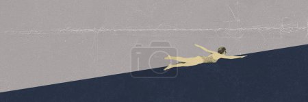 Téléchargez les photos : Jeune femme mince, athlète en maillot de bain, nageant sur fond abstrait. Oeuvres contemporaines. Concept de rétro, style vintage, texture effet photocopie, sport, créativité, minimalisme - en image libre de droit
