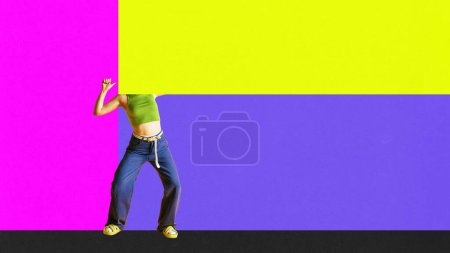Photo for Young woman in stylish modern clothes carrying giant empery tablet. Colorful image. Banner. Contemporary art collage. Concept of surrealism, pop art style, creativity. Empty space to insert your space - Royalty Free Image