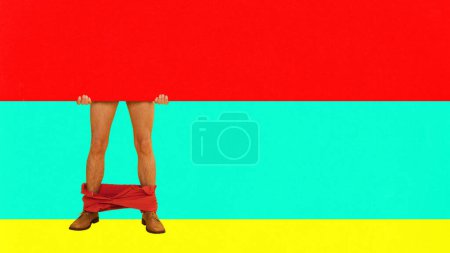 Photo for Private life. Male legs and empty colorful banner. Advertisement. Contemporary art collage. Concept of surrealism, pop art style, creativity. Empty space to insert your space. Complementary colors. - Royalty Free Image