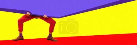Photo for Male legs over colorful background. Banner for advertisement. Contemporary art collage. Concept of surrealism, pop art style, creativity. Empty space to insert your space. Complementary colors. - Royalty Free Image