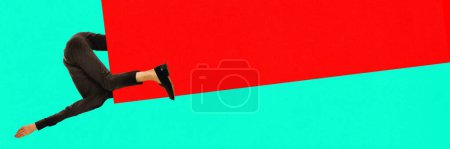 Photo for Weird pose of male body and legs. Journalism, advertisement. Contemporary art collage. Complementary colors. Concept of surrealism, pop art style, creativity. Empty space to insert your space - Royalty Free Image