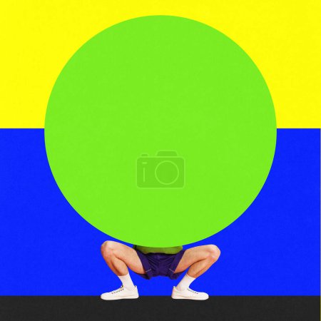 Photo for Sport competition. Man sitting under giant round circle. Contemporary art collage. Concept of surrealism, pop art style, creativity. Empty space to insert your space. Complementary colors. - Royalty Free Image