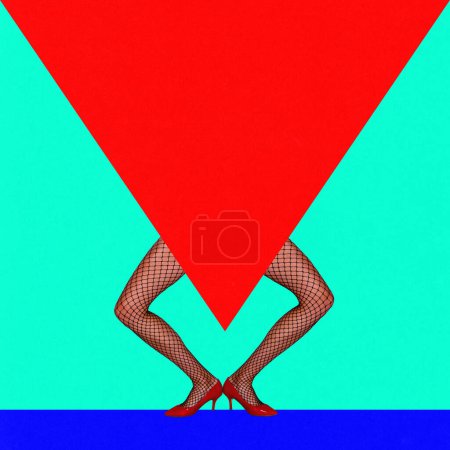 Photo for Party time. Female legs in tights and heels with triangle empty space. Contemporary artwork. Concept of surrealism, pop art style, creativity. Empty space to insert your space. Complementary colors. - Royalty Free Image
