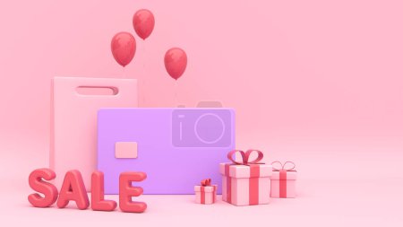 Photo for Discount gift card for shopping, buying products with big price reduction. Gift for birthdays, holidays. Concept of shopping, sales, special offer. 3D render. Creative collage, banner, poster - Royalty Free Image