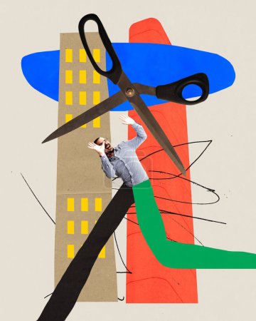 Photo for Deadlines and challenges. Employee, man running away from scissors. Abstract background. Contemporary art collage. Concept of business and office, surrealism, marketing, creative, inspiration - Royalty Free Image