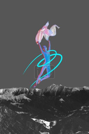 Téléchargez les photos : Belle ballerine en body dansant avec un tissu transparent sur fond de montagne avec des éléments néons abstraits. Collage d'art contemporain. Concept de danse classique, art abstrait, surréalisme. - en image libre de droit