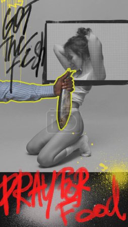 Photo for Young slim woman in underwear sitting on floor. Man holding fish. Street style doodles. Food addiction. Contemporary art collage. Concept of food, creativity, surrealism, imagination - Royalty Free Image