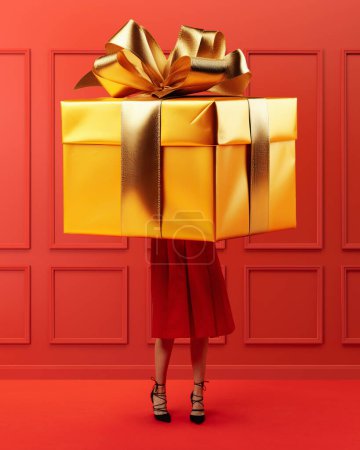 Téléchargez les photos : Jeune fille en jupe longue tenant boîte cadeau d'or géant avec arc sur fond rouge. Cadeaux de Noël, surprise et fête. Concept de vacances d'hiver, Noël et Nouvel An - en image libre de droit