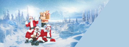 Photo for Creative banner with Santa Clauses holding present boxes, gifts over snowy forest background. Collage. Concept of Christmas, winter holidays, New Tear, celebration, merry. Empty space to insert text - Royalty Free Image