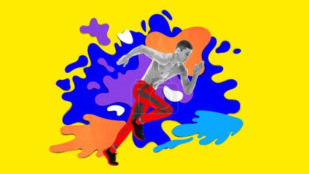 Photo for Muscular young man, running athlete in motion, running during marathon over colorful background. Contemporary art collage. Concept of professional sport, competition, championship. Creative poster - Royalty Free Image