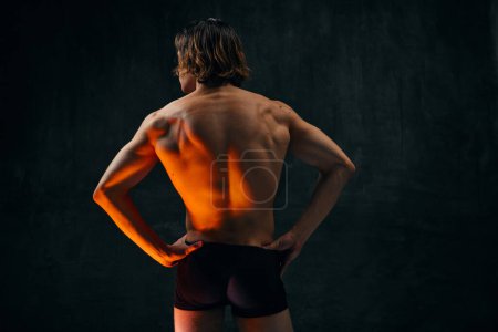 Photo for Healthy fit relief ack. Rear view of young shirtless man with muscular body standing in underwear against dark textured studio background. Concept of mens beauty, health, body art and aesthetics - Royalty Free Image