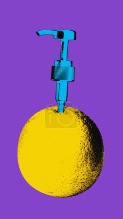 Photo for Dispenser sticking into lemon over purple background. Organic cosmetological products. Contemporary art collage. Concept of surrealism, y2k, creativity, imagination, inspiration. Colorful design - Royalty Free Image