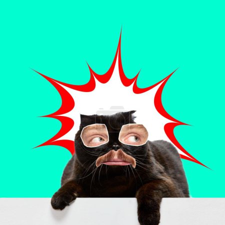 Foto de Gato de raza pura negro con macho sí y boca sobre fondo verde. Calma. collage de arte contemporáneo. Concepto de diversión, meme, animales, emociones, surrealismo, inspiración - Imagen libre de derechos