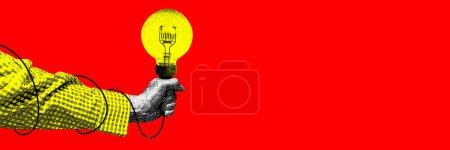Photo for Human hand holding lightbulb over red background. Ideas. Contemporary art collage. Concept of y2k style, creativity, surrealism, abstract art, imagination. Colorful design - Royalty Free Image